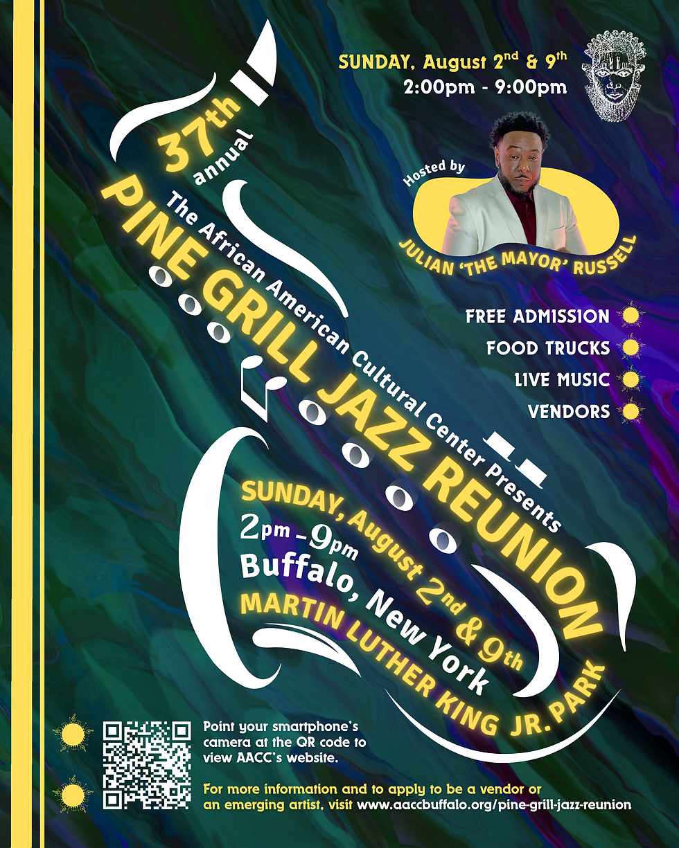 2026 Pine Grill Jazz Reunion poster featuring the host and a text in the shape of a saxophone.