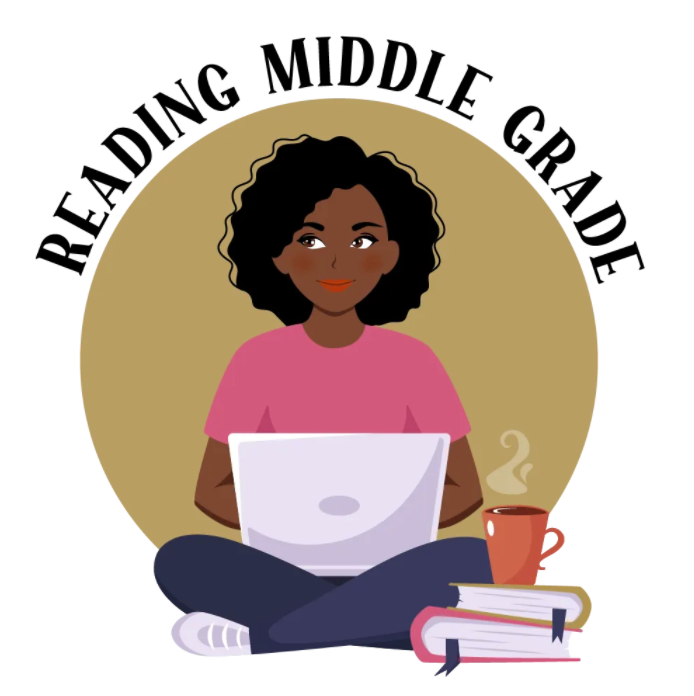 A black girl with a computer, coffee, and books with text saying "Reading Middle Grade"