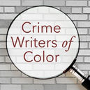 "Crime Writers of Color" in a magnifying glass with a grey brick wall background.