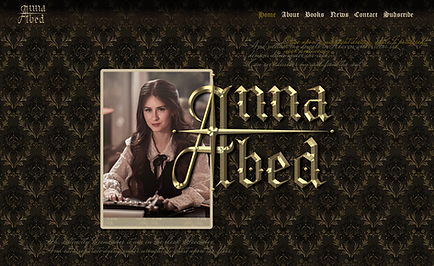 Home page of Anna Abed, featuring black letter gold/brass logo beside her author headshot on old victorian wallpapger.