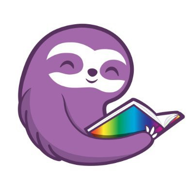 A purple sloth holding a rainbow colored book.