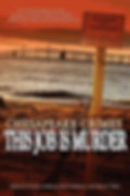 Chesapeake Crimes: This Job Is Murder. Cover of a beach at sunset, a warning sign in the sand, choppy waters, and a long bridge in the distance.