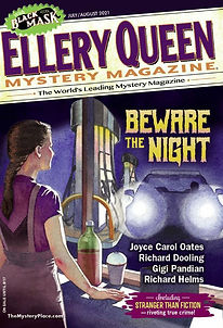 Ellery Queen Mystery Magazine, Beware The Night. A cover of a woman standing at a counter inside a gas station, facing the bright headlights of a mysterious car at a pump.