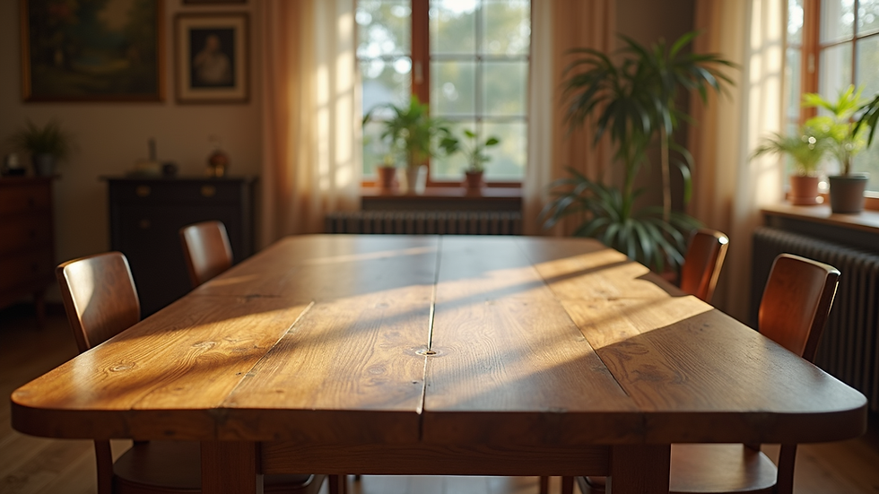 Vue en plongée d'une table en bois vintage restaurée dans un salon lumineux