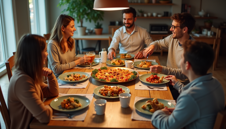 High angle view of a family enjoying a variety of party trays on a dining table