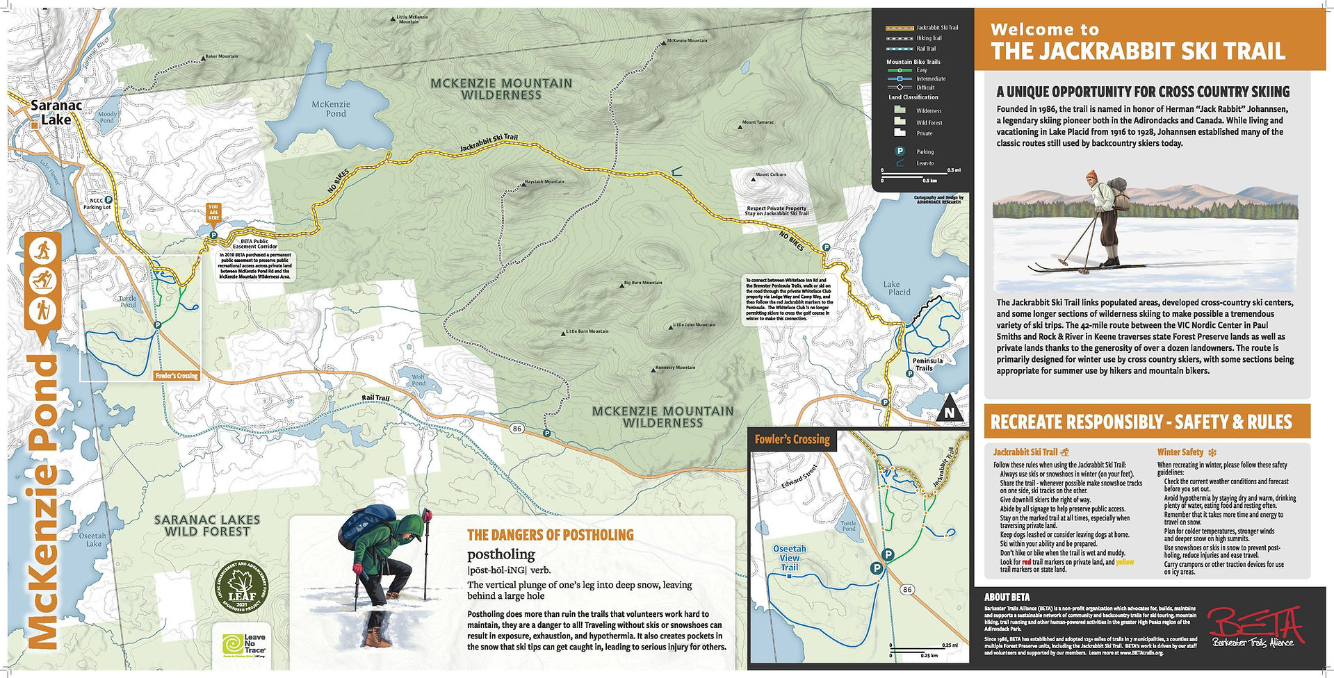 This map highlights the McKenzie Pond area and the Jackrabbit Ski Trail, showcasing its network of cross-country skiing and hiking routes. It includes trail descriptions, safety tips, and guidelines for outdoor enthusiasts, with detailed topographical information and points of interest. The map also features an inset for broader regional context and promotes responsible outdoor recreation.