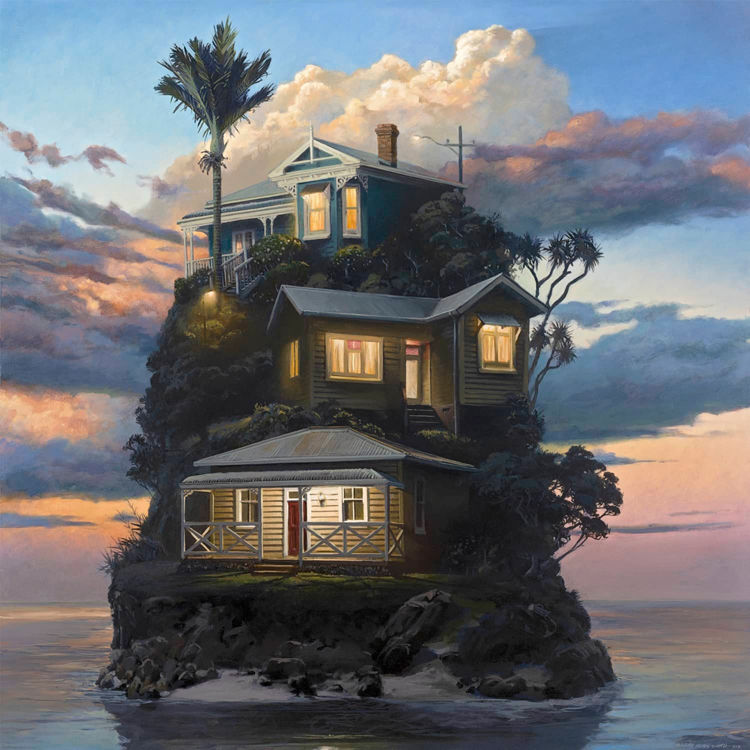 Three houses perched on a secluded island at sunset
