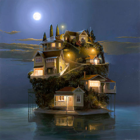 night scene, houses, lights on, moon, island