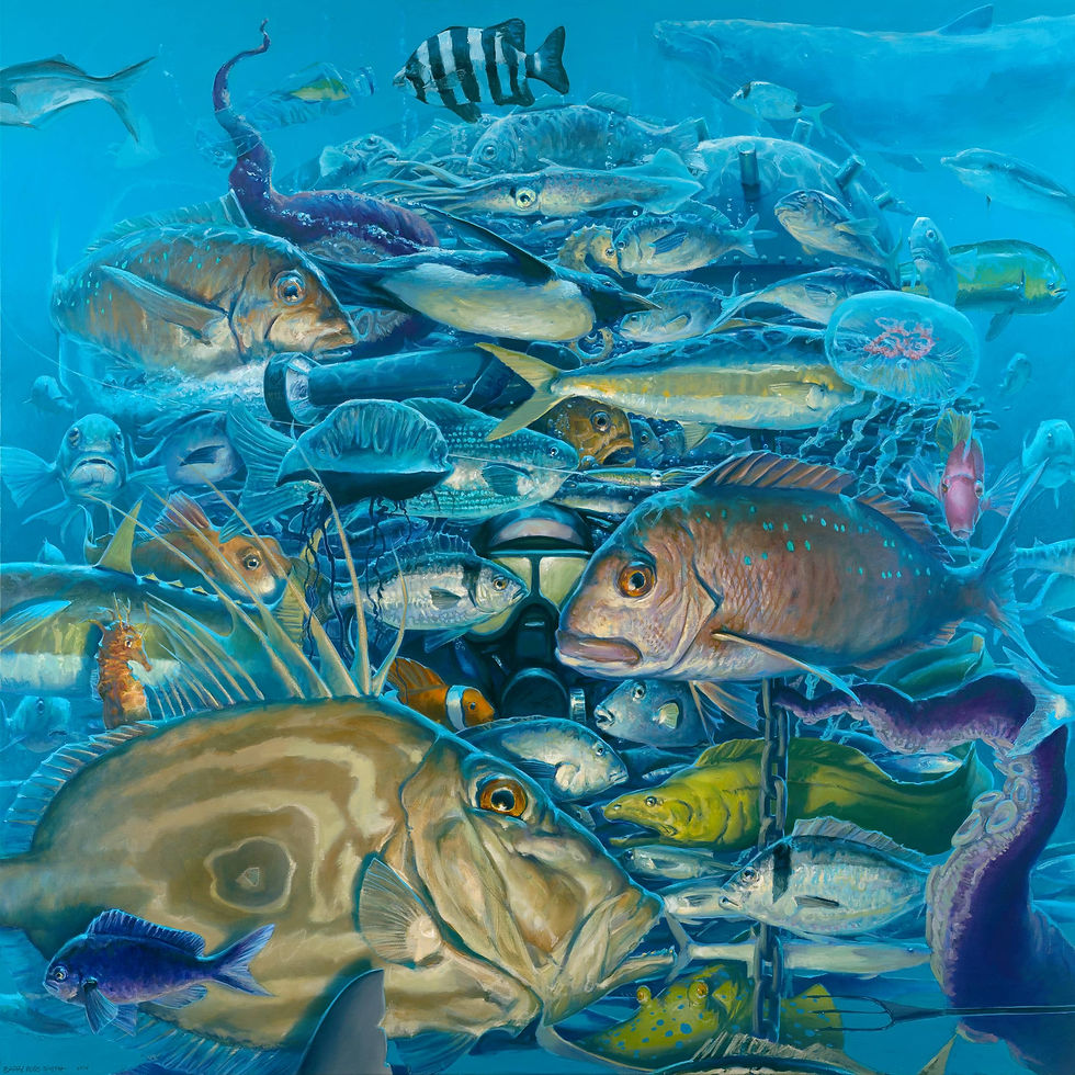 A school of various fish, sealife, weapons and a lone scuba diver all circle one another in the dance of predator or prey... friend or foe