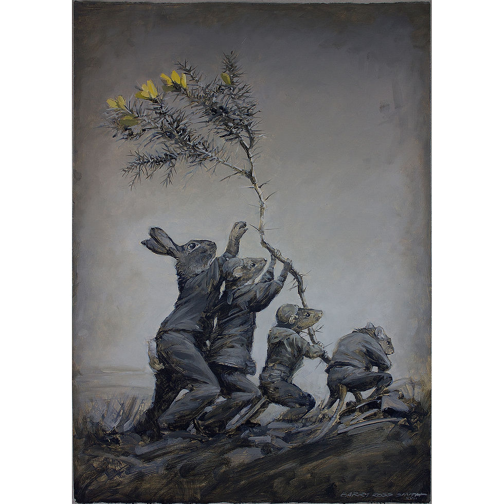 Based upon the photograph: Raising the Flag on Iwo Jima from WW2. This painting was exhibited for the NorthArt Paper show, it forms part of my Battelines series and depicts pest animals staking their claim to the land with a sprig of the invasive gorse branch.