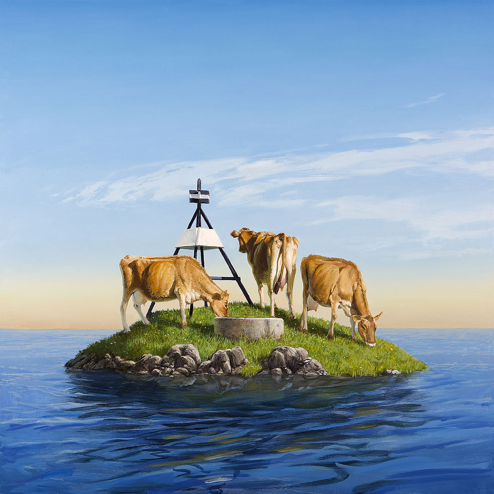 Three NZ cows stand next to a ‘trig’ (a fixed surveying point in NZ). The trig hints that it would have being a high point in the past. A narrative on climate change.