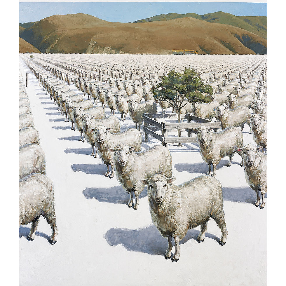 This painting came about after a trip to America and witnessing the farming processes undertaken there. The title of this diptych refers to this as being a golden age of consumerism. Living animals are considered commodities that are 'planted' in order to extract the highest dividend for the area they inhabit.