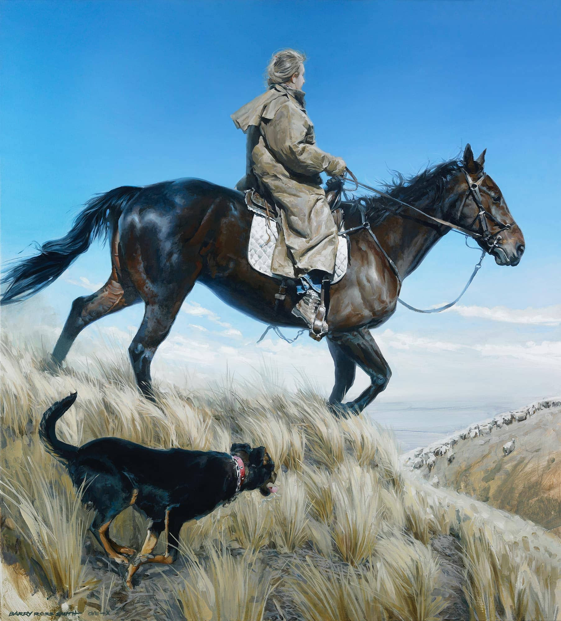 Woman riding horse under southern skies and overlooking flock of sheep