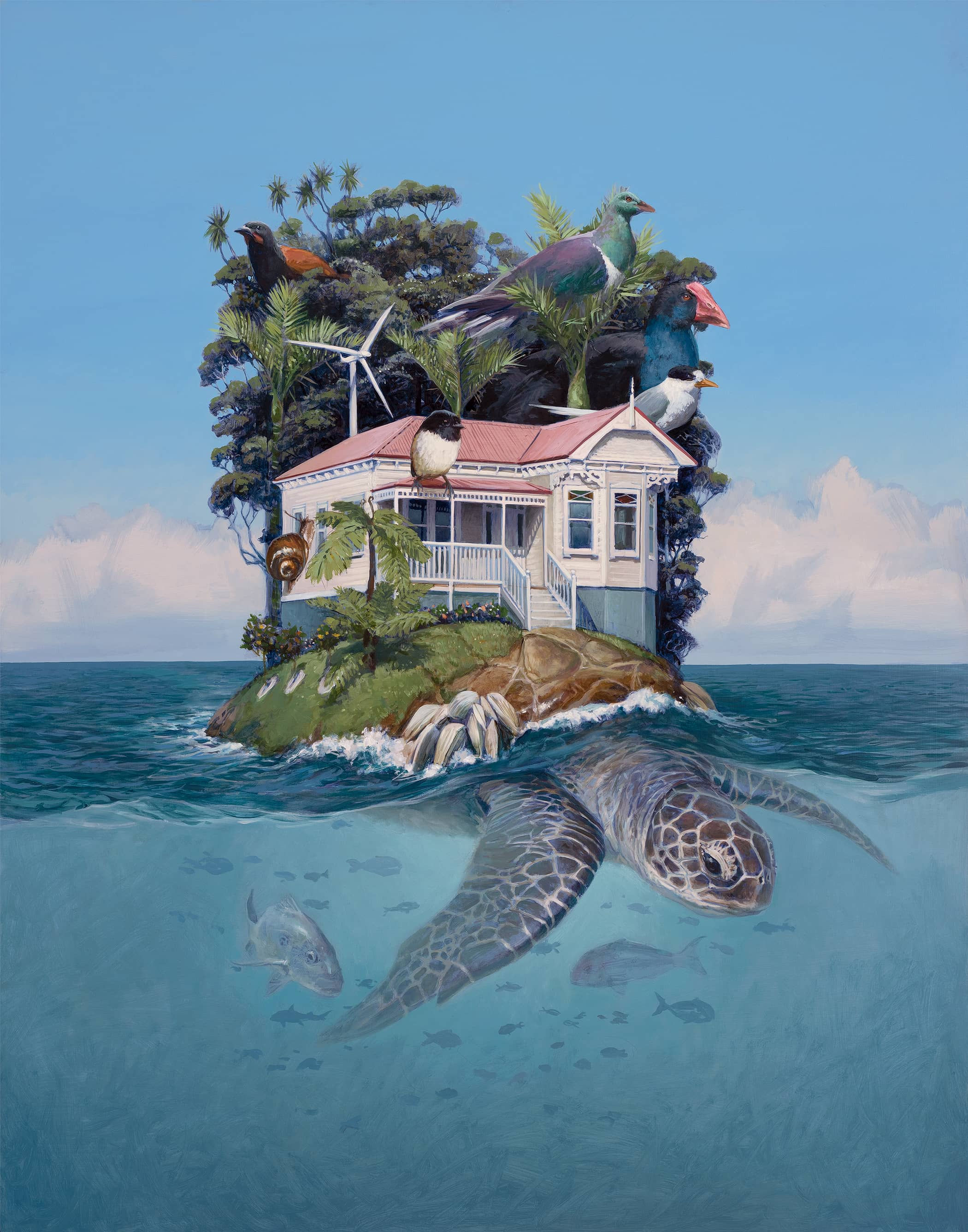 NZ birds are perched on a timeless villa sitting on the bach of a turtles shell in the sea