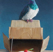 Pigeon perched atop boxes, radish on plate, Barry Ross Smith painting