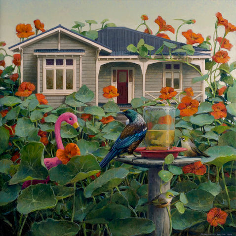 Painting of Tui bird near house