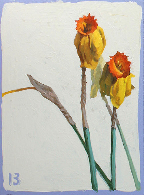Painting of three wilting daffodils, number 13