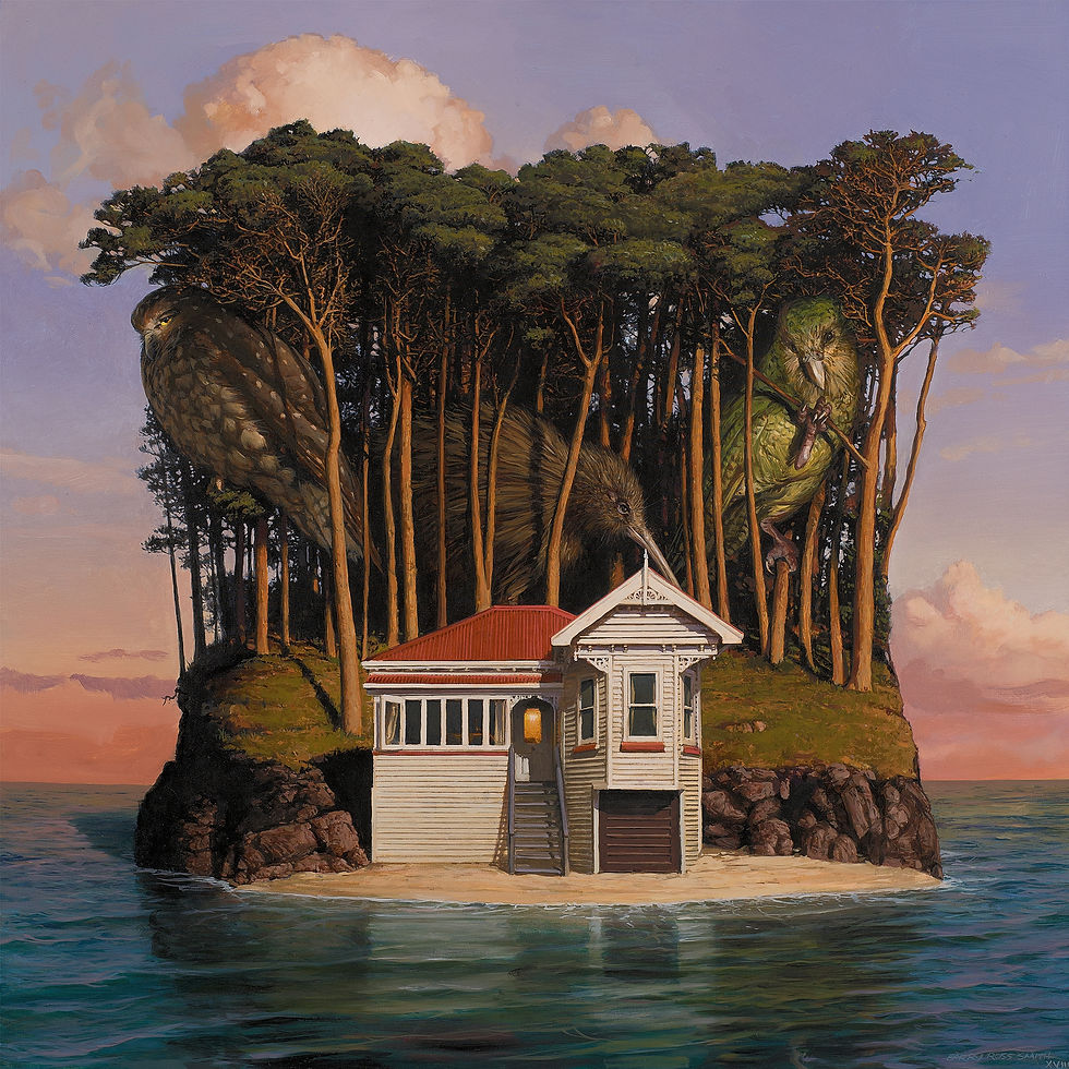 A square composition upon a square canvas with the dusk light creating a frame around the single villa. Off up in the bush behind are where the wild things are; enormous birds watch the house and the single light inside, it stands, almost like a lighthouse against the coming night. Birds painted are, Morepork, Kiwi and Kakapo