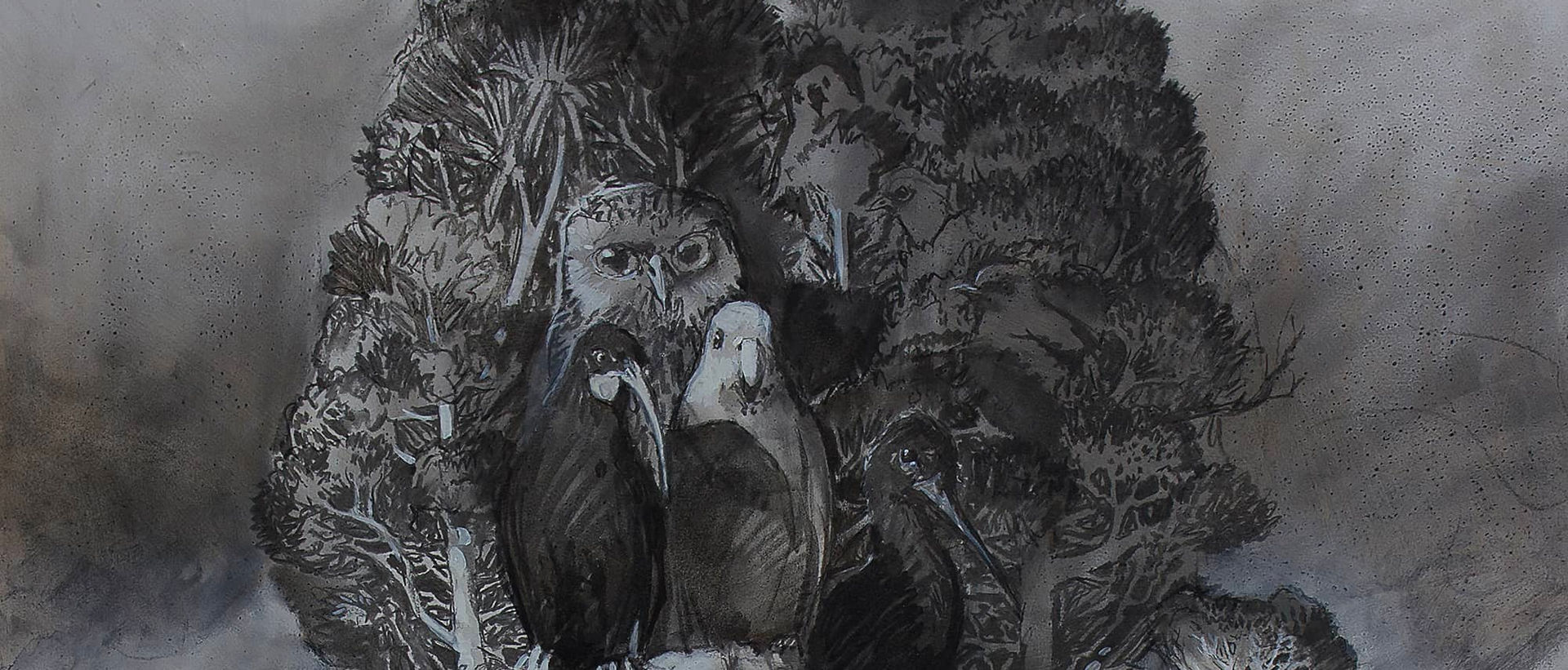 Monochrome drawing: birds, rabbits, and trees on a misty peak