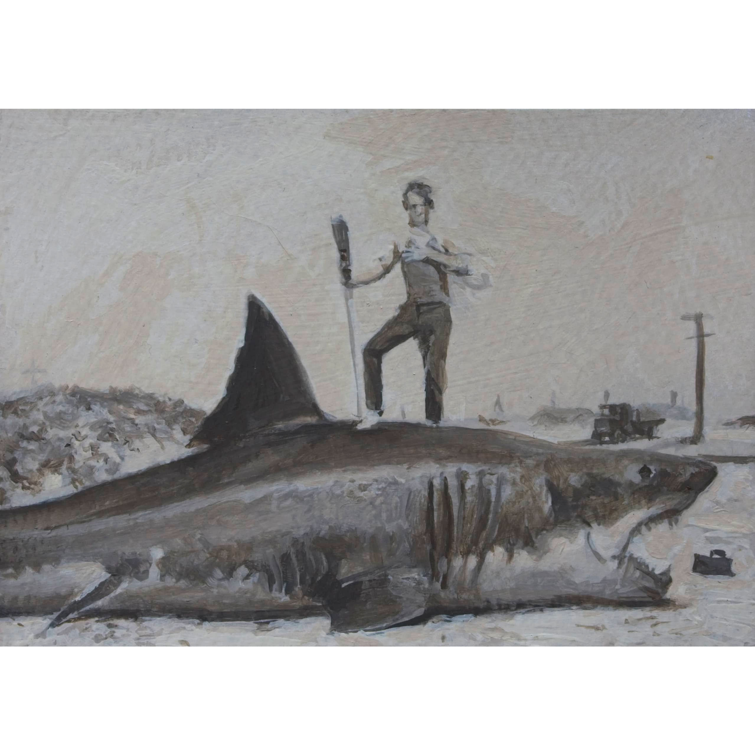 Man standing on a large shark on a beach, Jaws theme.