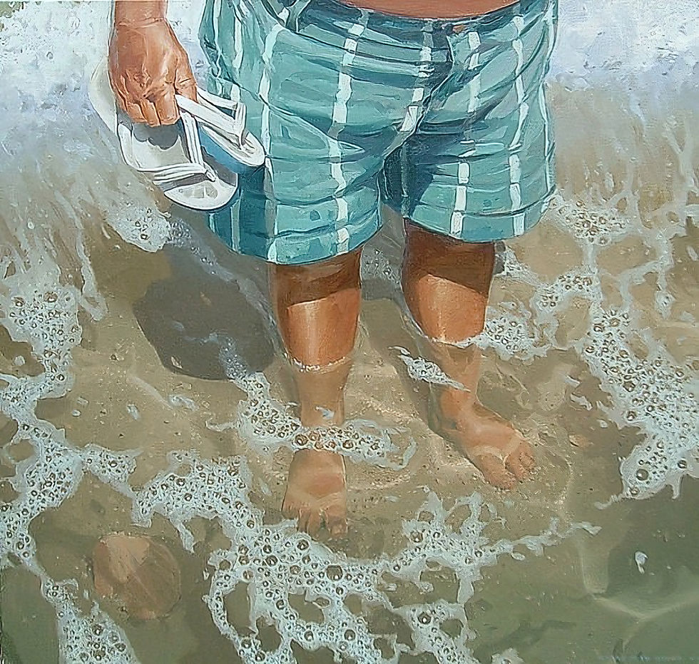 Cooling his heels in the ocean, a man holds his jandals to keep them dr.. jandals which have left their mark on him (only a low quality image exists of this work)