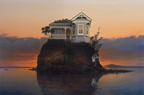 villa, island, letter box, sunset, rangitoto island
