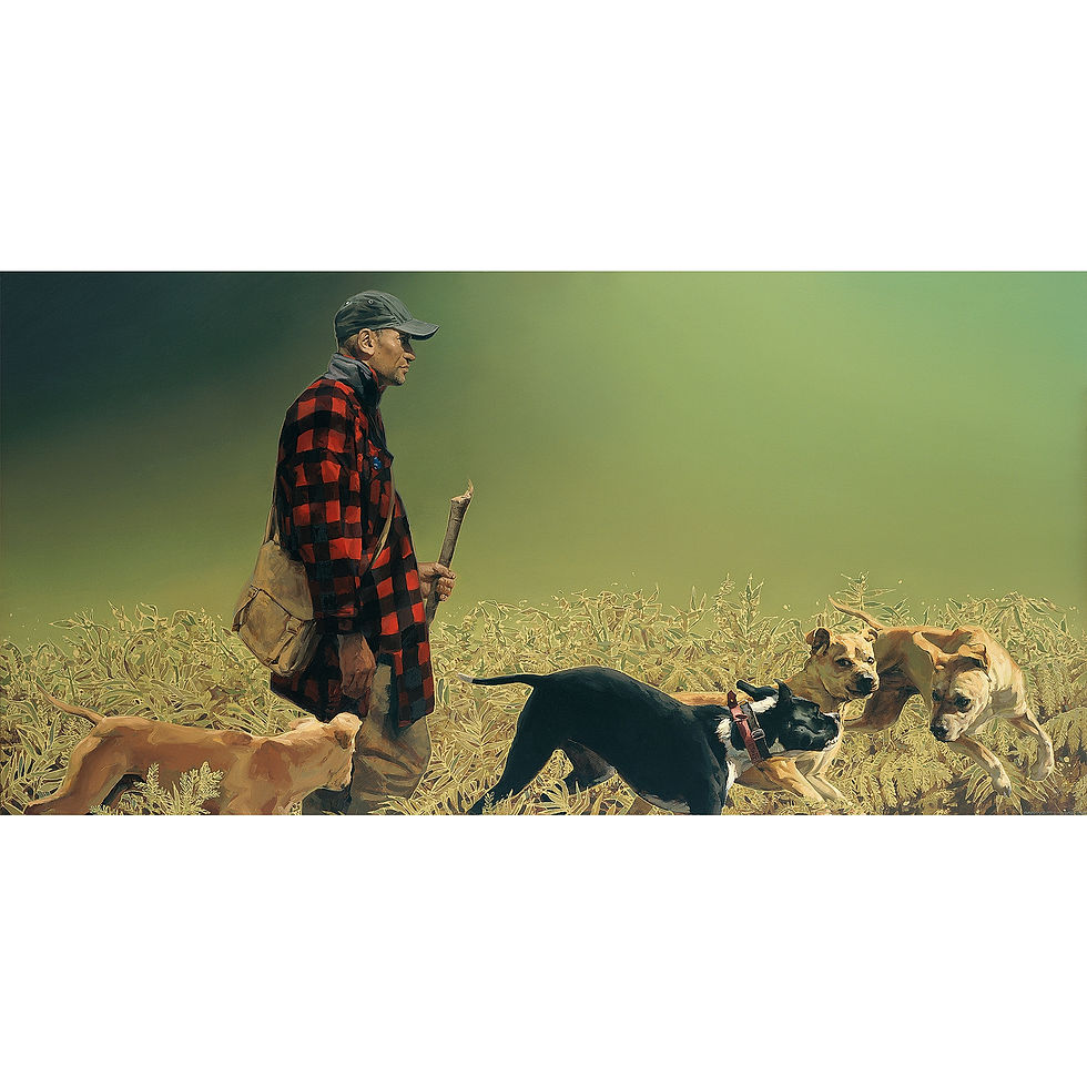 The middle section of a triptych from the early exhibition: Hunters and Consumers. The paintings together form a procession following a man carrying a wild pig out of the bush. The other paintings are titled: Trophy Hunter, The Guide (this) and Pighunter. They are all reunited in a reproduction titled: The Hunt.