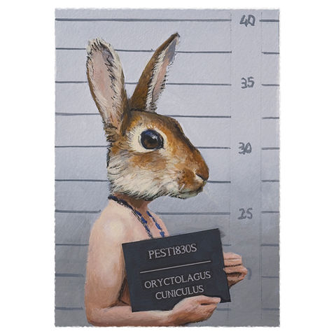 Mugshot of rabbit-headed figure holding 'Pesticios' sign