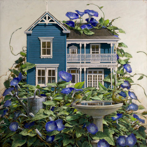 Blue House, Morning Glories: A serene painting of a teal house nestled amongst vibrant morning glories, featuring a bird bath and watering cans.