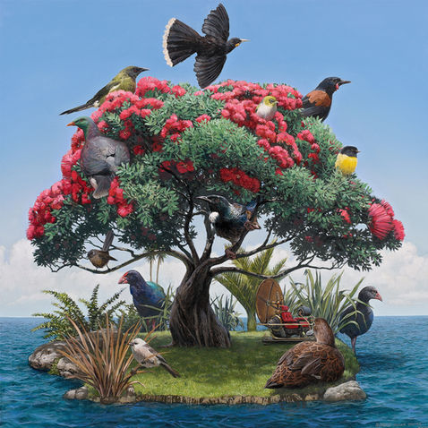 Birds on flowering tree, island scene