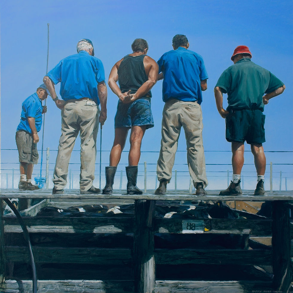 A saleyards auction with two bidders and officials ready to make the deal