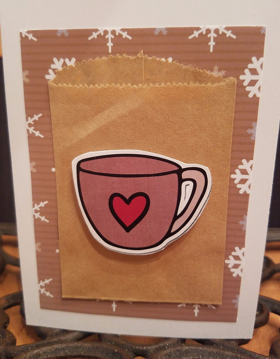 Gift Card Coffee Mug Pop Up with Snowflake Background