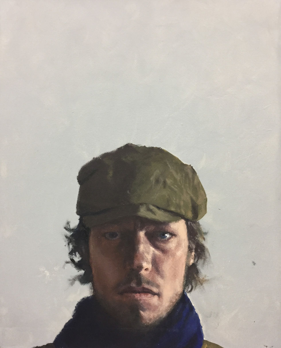 Ölgemälde mit Porträt des Malers mit einer Mütze, Öl auf Leinwand. portrait of man in oil on canvas
