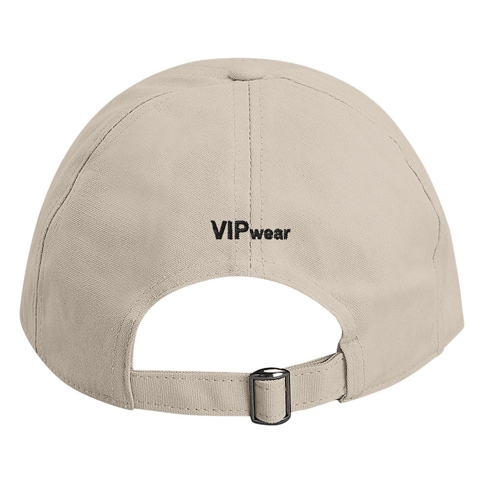 Thumbnail: back of sand cap, V I P Wear is embroidered in black above the ponytail hole