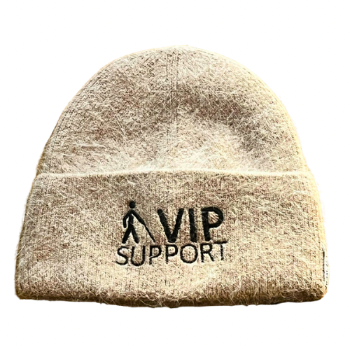 Thumbnail: Mocha Angora toque with stickman with cane next to V I P Support in black