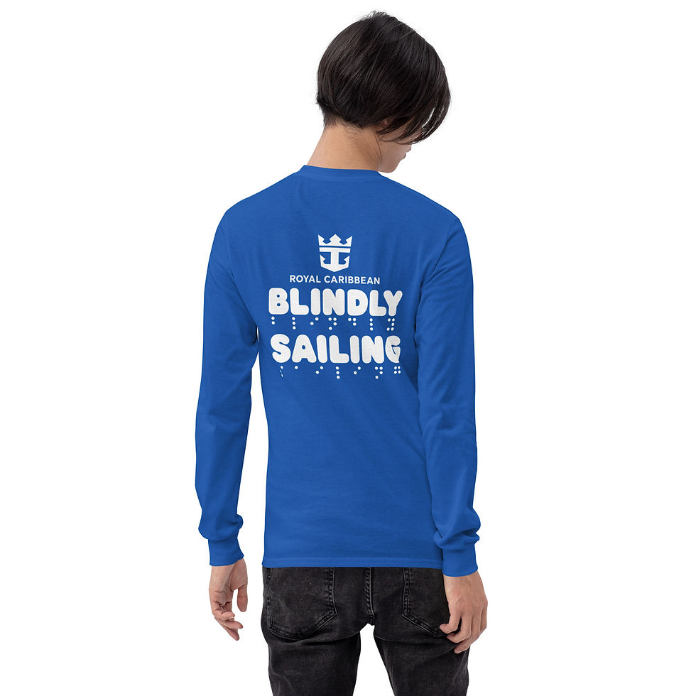 Thumbnail: Royal blue sweatshirt back, Royal Caribbean logo top centre, Blindly and Sailing next line with braille underneath each word