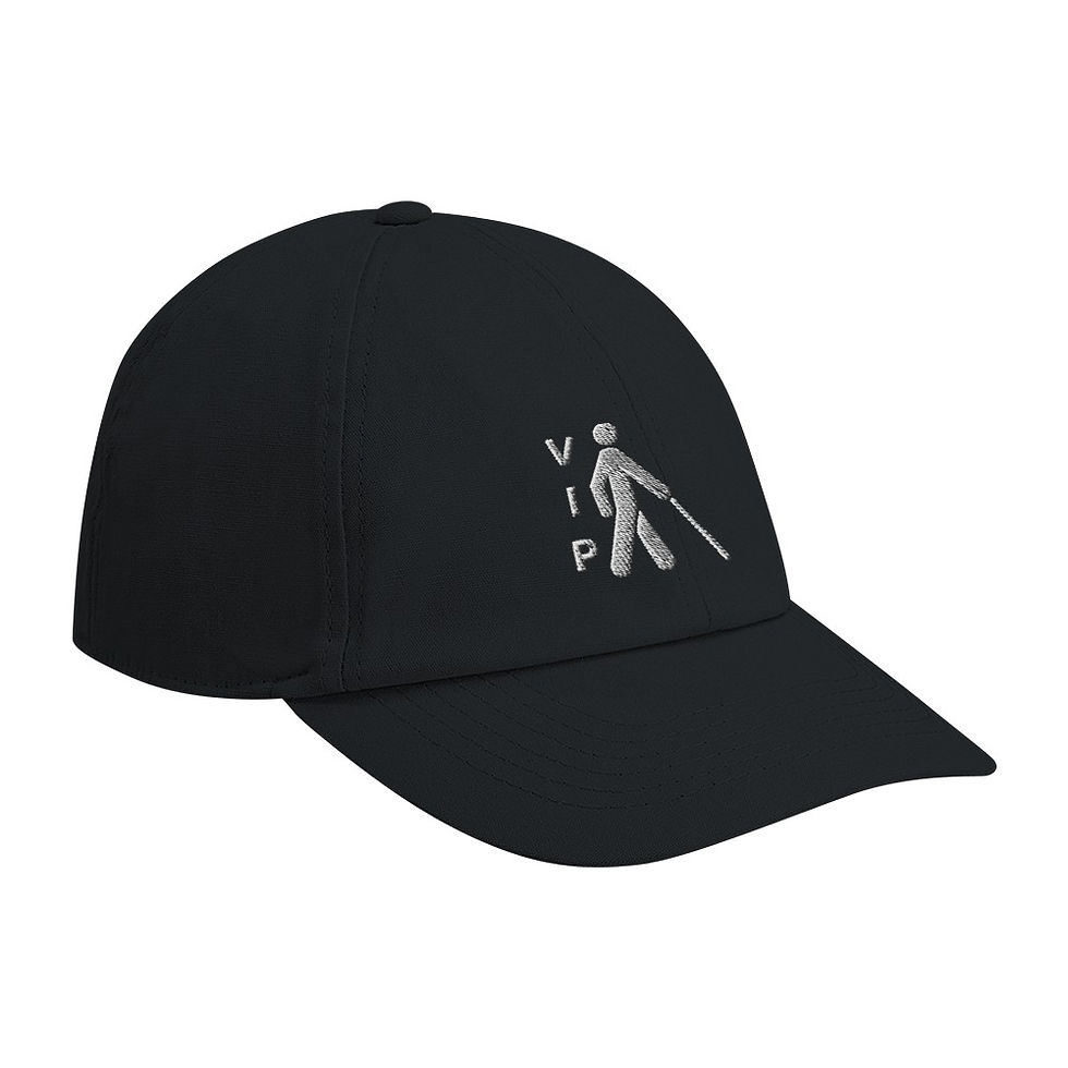 Side profile of Black VIP Organic 6-panel Cap with White Embroidery