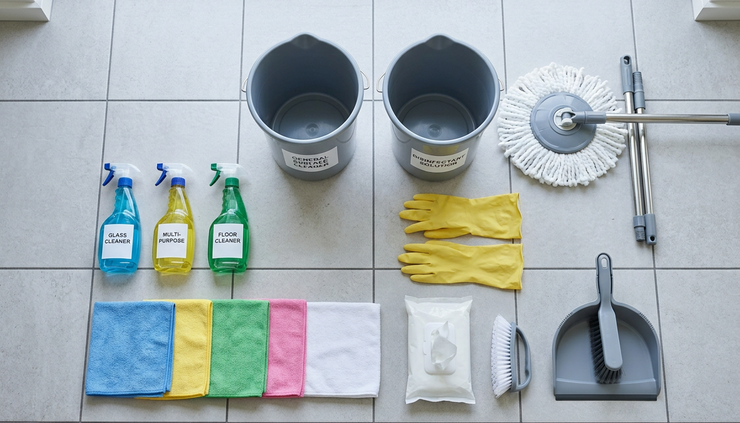 Top-down view of neatly arranged cleaning supplies on a tiled floor.