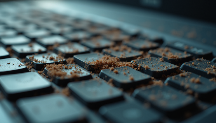 Close-up view of a computer keyboard with visible dust and dirt