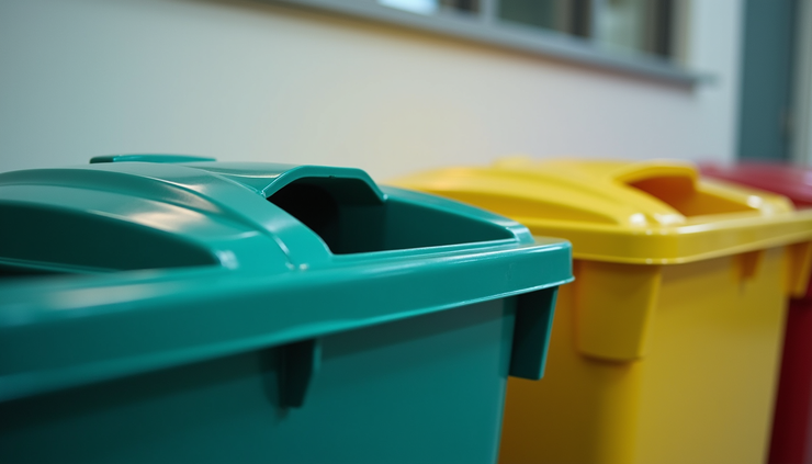 Eye-level view of medical waste bins arranged for proper segregation at a healthcare facility in Cape Town