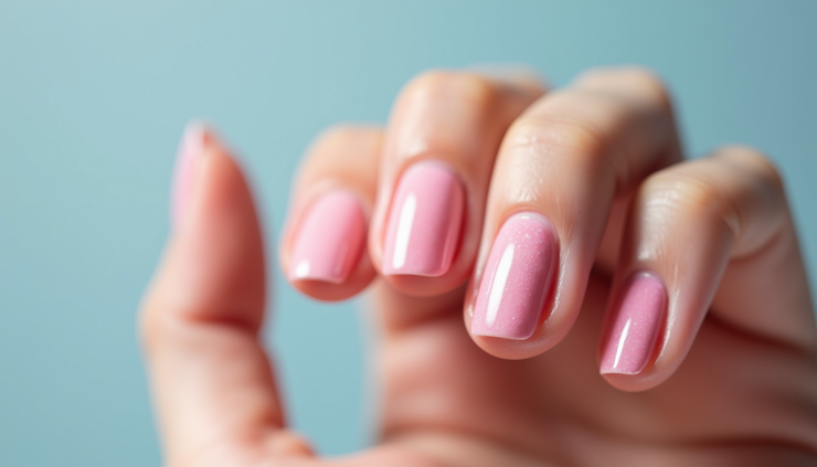 Eye-level view of a hand with glossy glass nails in soft pastel colors