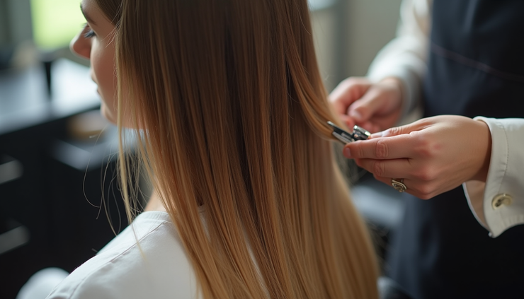 High angle view of freshly trimmed hair ends on a salon chair