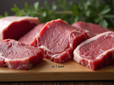 Fresh raw beef steak cuts on a wooden cutting board, including sirloin and rump, prepared by a local butcher for high-quality meat selection.