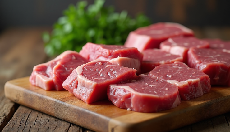 Close-up view of various raw beef cuts arranged on a wooden butcher block