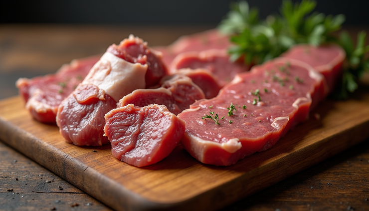Eye-level view of a variety of raw braai meats including boerewors, steaks, and lamb chops laid out on a wooden board