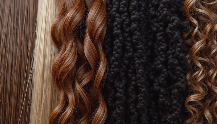 Close-up view of various hair strands showing straight, curly, coily, and textured patterns