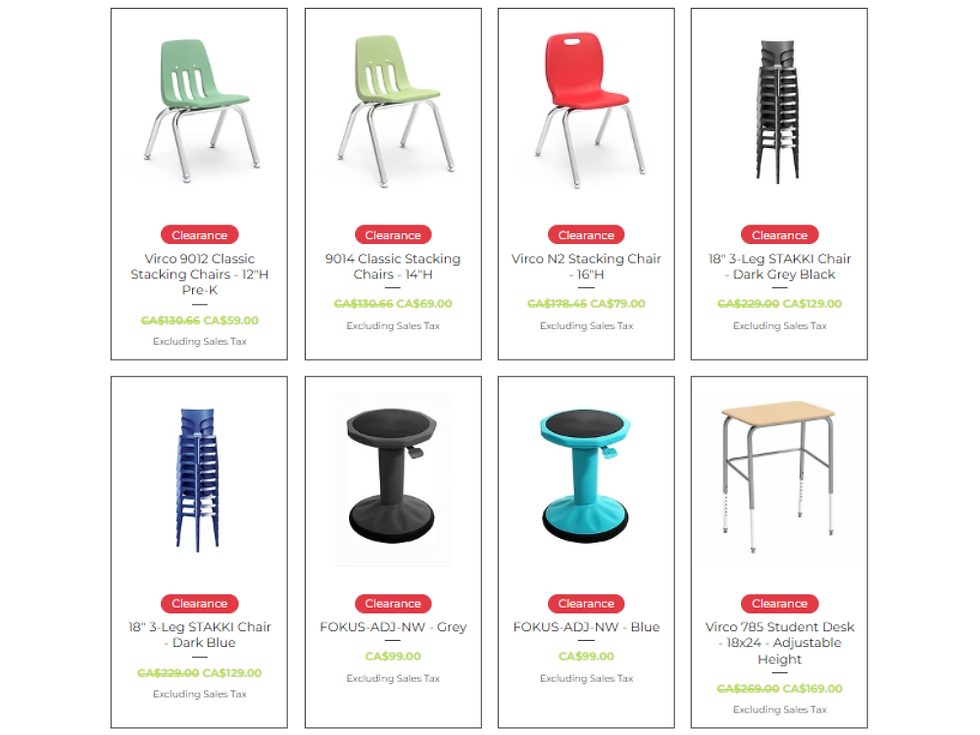 Clearance furniture listings showing colorful stackable chairs, stools, and an adjustable student desk on sale.
