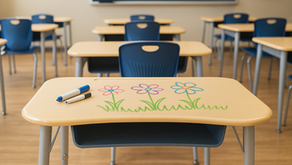 A classroom with light wood-colored desks, including one in the foreground featuring colorful dry-erase drawings of flowers and two markers placed on top.