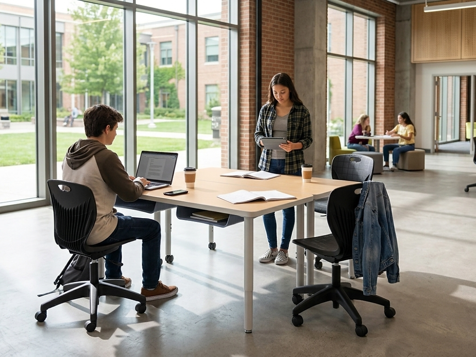 Two students work independently at a table in a bright, modern study space with floor-to-ceiling windows. One student sits using a laptop while the other stands reading from a tablet. Open notebooks, coffee cups, and a smartphone are on the table, with additional students conversing in the background. Natural light fills the open academic environment