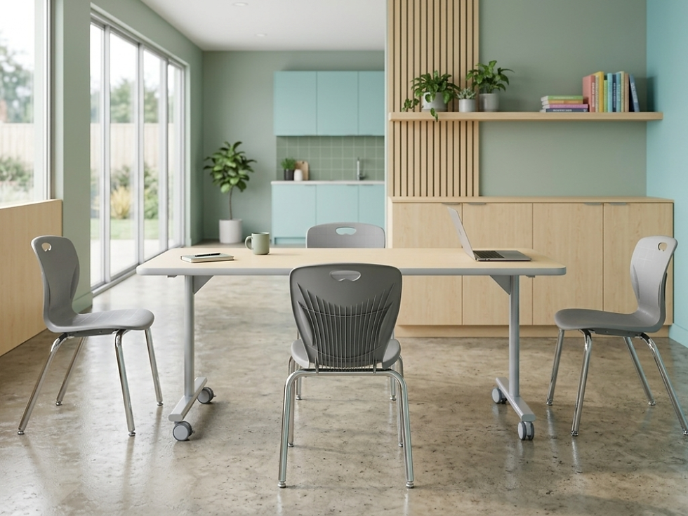 Modern collaborative learning space with a rolling table, gray student chairs, and light wood storage cabinets. Soft green walls, natural light, plants, and an open kitchenette create a calm and flexible classroom environment.
